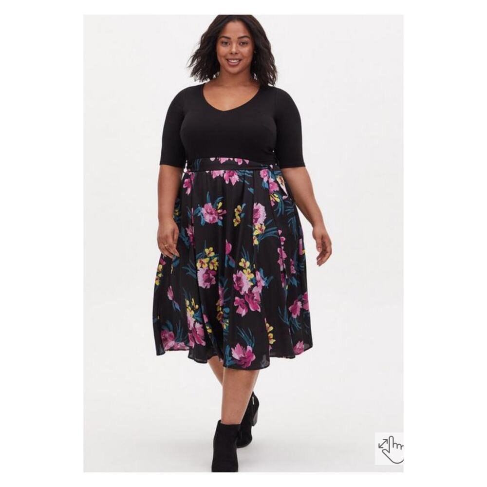 Torrid Black Floral Knit To Woven Self Tie Midi Dress Sz.4 NWT